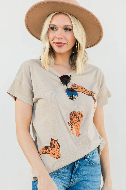 Chic Women's Clothing for Work and Travel Tiger Tiger Taupe Brown Graphic Tee