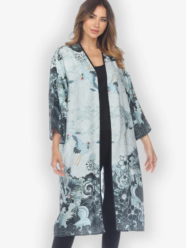 Women's Evening Wear Outfit Black White Crane Wave Kimono