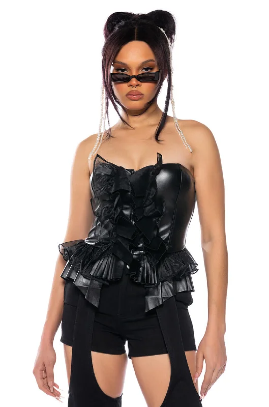 Affordable Women's Attire MAKE A MOVIE FAUX LEATHER RUFFLE TUBE TOP