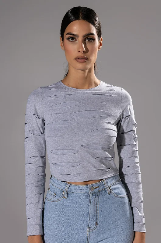 Women's Stylish Outerwear COME AROUND DISTRESSED LONG SLEEVE T SHIRT