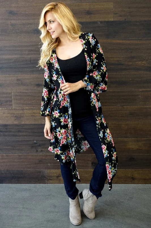 Women's Work Outfit For The Office Black Floral Printed Long Kimono