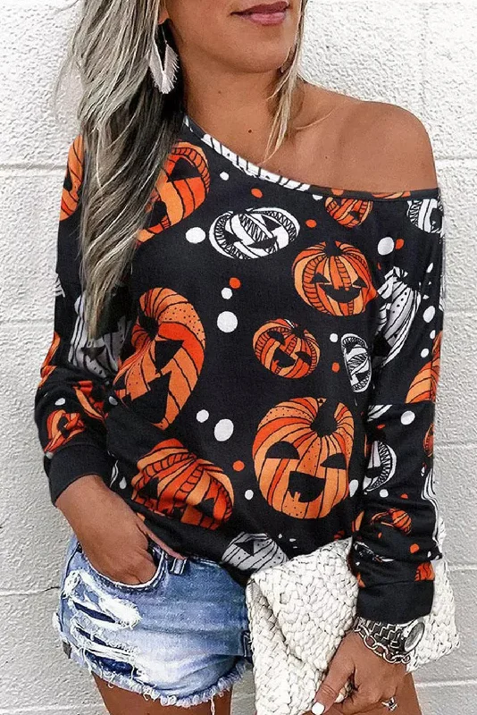 Women's Holiday Outfit One Shoulder Jack-O'-Lantern Graphic Sweatshirt