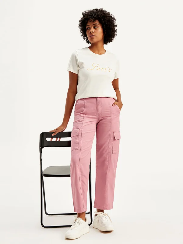 Bold Fashion Women's Mid Rise Pink Tapered Cargo Trousers