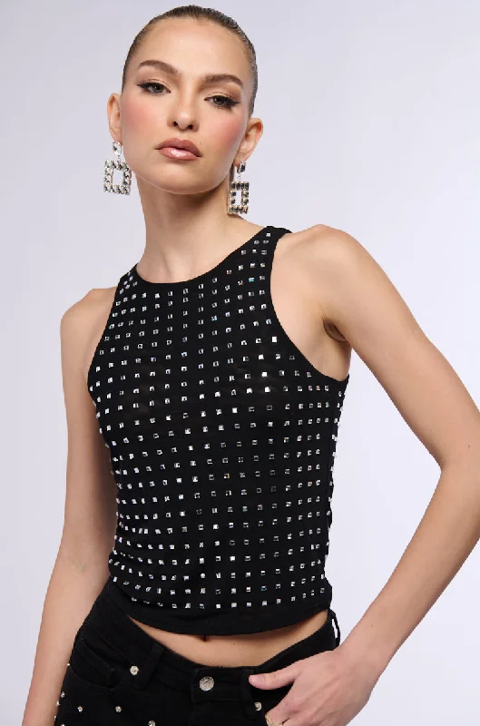 Casual Fashion Trends for Women ALL STAR GIRL RHINESTONE EMBELLISHED MESH TANK IN BLACK