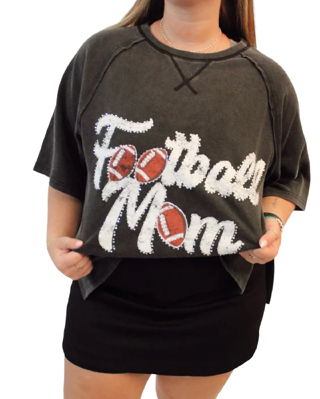 Women's Evening Apparel Sports Mom Rhinestone Oversized Tee Top In Football - Charcoal