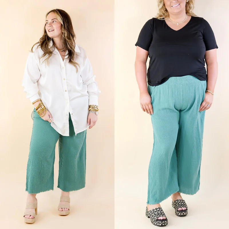 Seasonal Trends Right On Cue Elastic Waistband Cropped Pants with Frayed Hem in Dusty Green