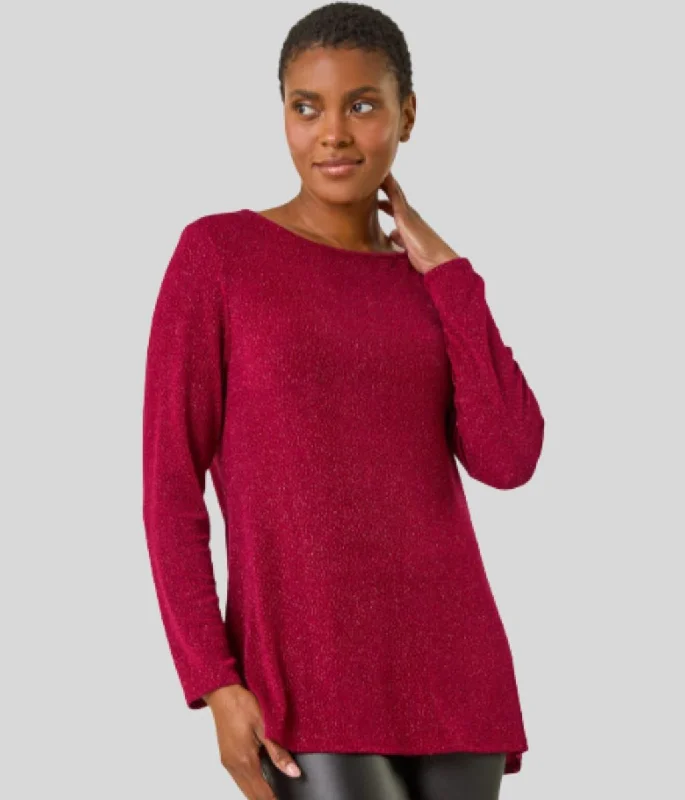 Women's Athletic Apparel Red Sparkle Cowl Back Tunic Top