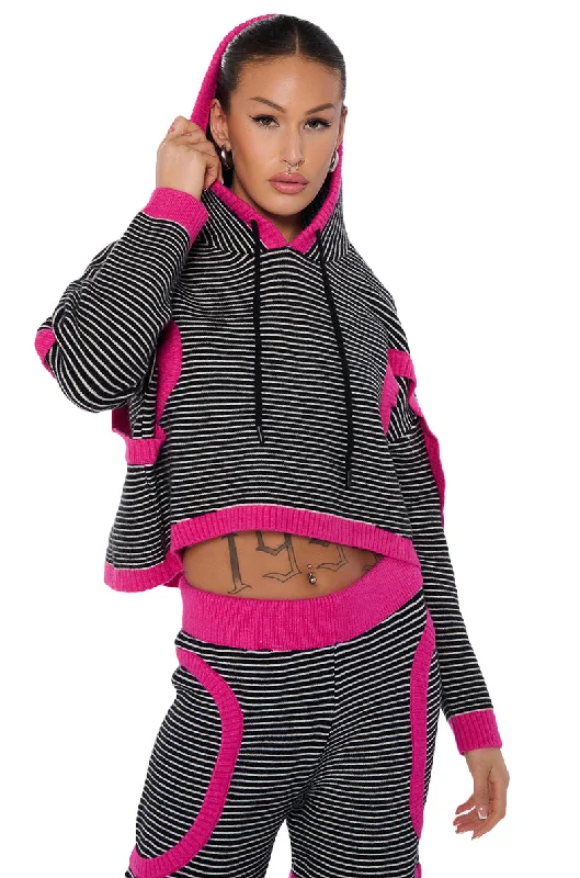 Comfortable Women's Apparel UNTOUCHABLE STRIPED KNIT HOODED SWEATSHIRT