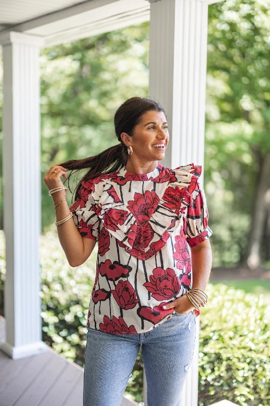 Women's Athletic Apparel Abstract Blooms Red Floral Top