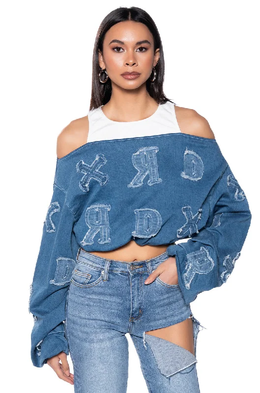 Casual Apparel For Women BE YOURSELF DENIM OFF THE SHOULDER SWEATSHIRT