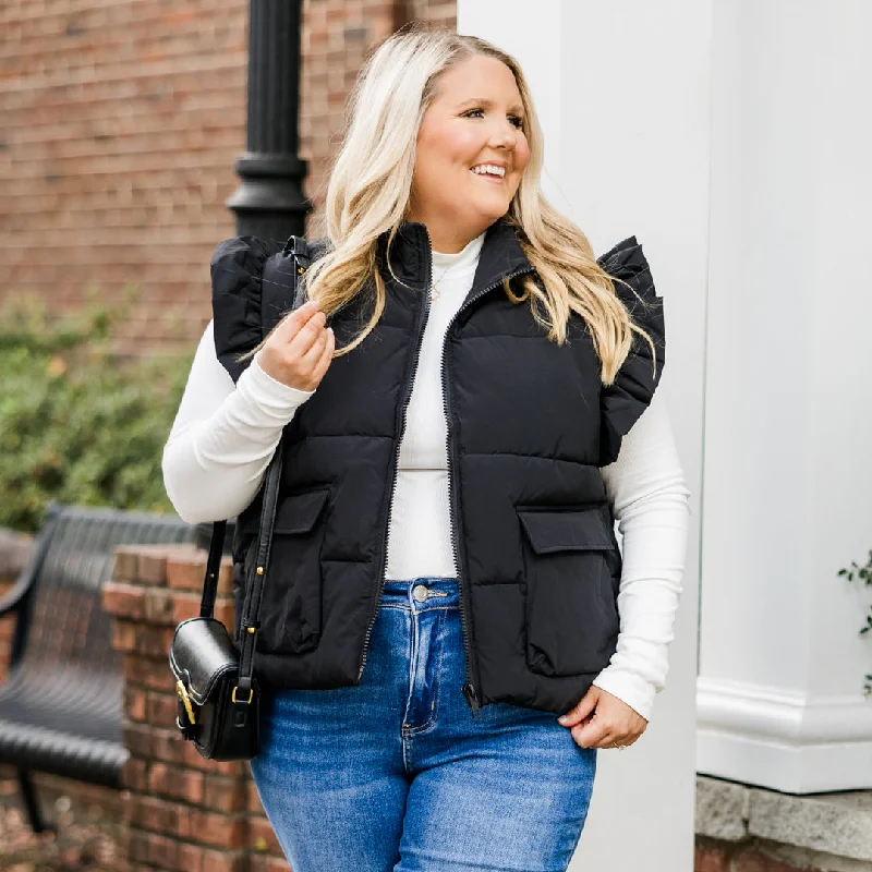 Casual Chic Cozy Ruffle Puff Vest, Black