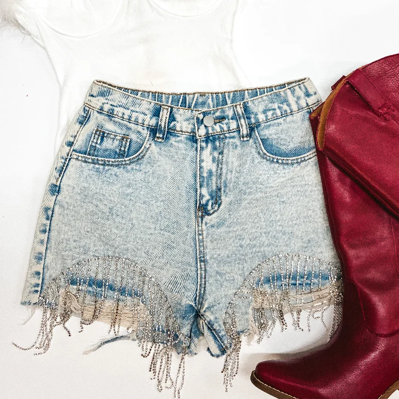 Chic Casual Style Saddle Up Crystal Fringe Distressed Denim Shorts in Light Wash