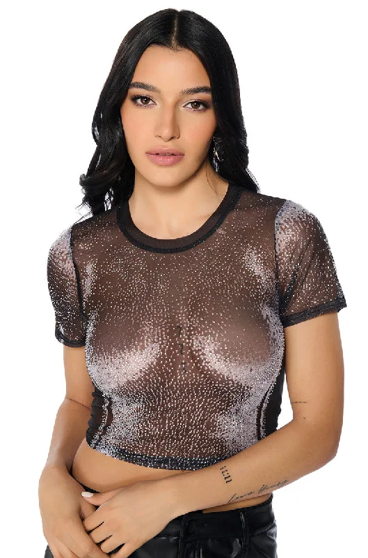 Women's Vacation Attire OUT OF THIS GALAXY RHINESTONE MESH T-SHIRT