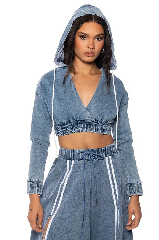 Women's Formal Event Attire SWEET NOTHINGS STRIPED DENIM HOODED SWATSHIRT