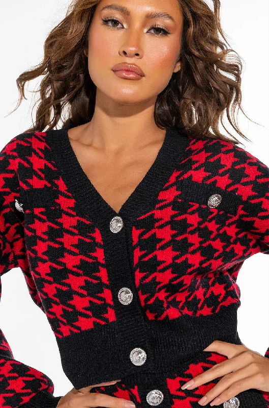 Everyday Women's Fashion Trends HIGH MAINTENANCE HOUNDSTOOTH CARDIGAN RED MULTI