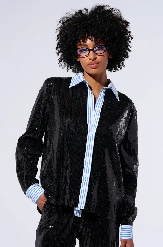 Women's Clothing Brands TRUE STORY SEQUIN BUTTON DOWN BLOUSE