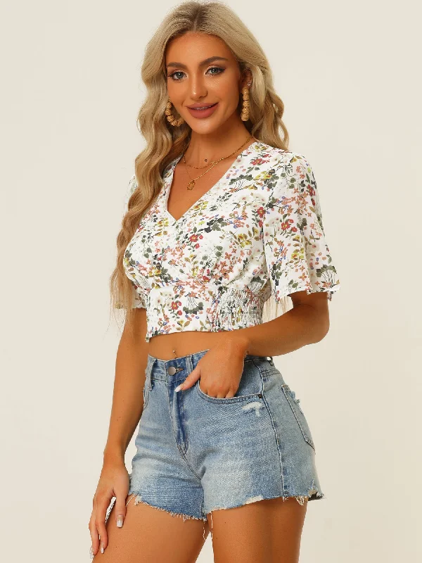 Women's Fashionable Attire For Work Floral Flare Short Sleeve V Neck Summer Smocked Crop Top