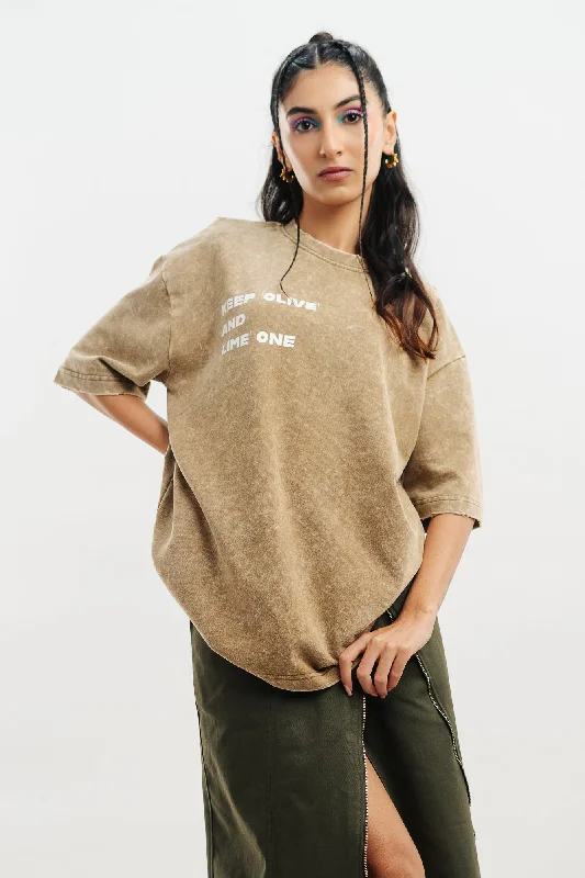 Women's Holiday Apparel Olive Acid Wash Oversized Tees