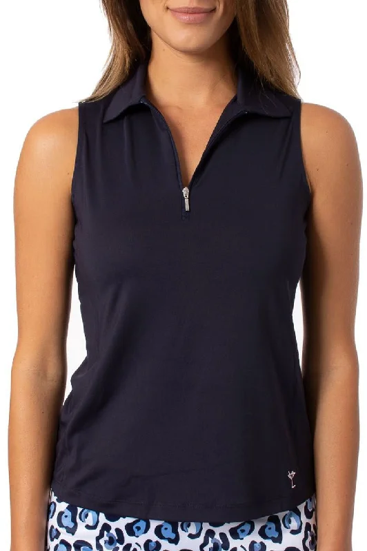 Women's Clothes Navy Sleeveless Zip Polo