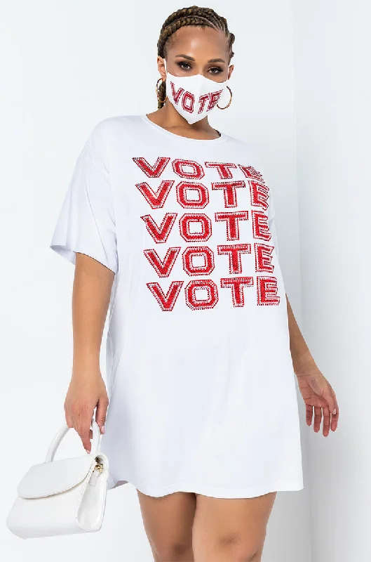 Stylish Women's Outerwear Apparel PLUS VOTE VOTE VOTE RHINESTONE T-SHIRT DRESS WHITE