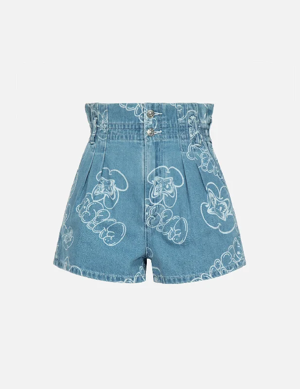 Women's Outdoor Activity Garments Allover Graffiti Daruma and Logo Laser-Print Denim Shorts