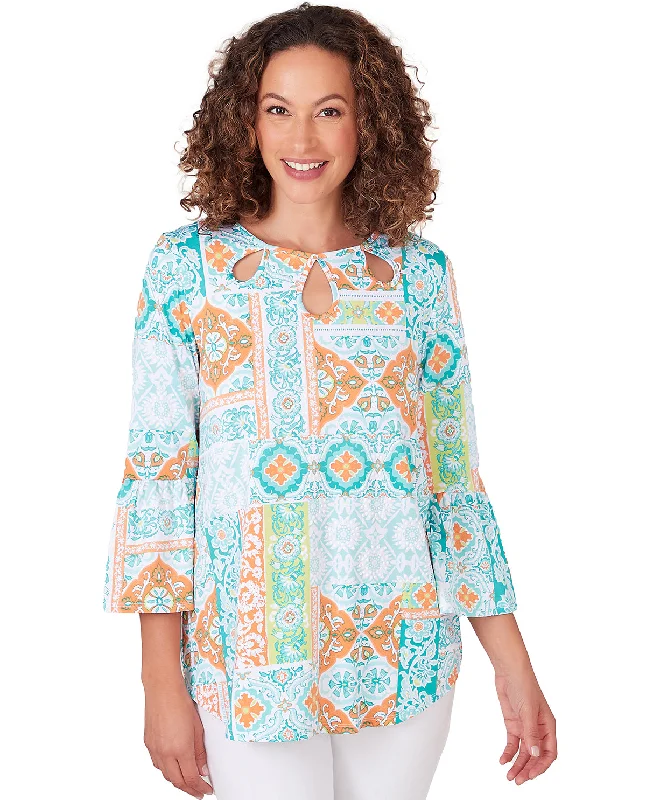 Women's Clothing And Garments Sets Ruby Road Spring Breeze Petite 3/4 Sleeve Eclectic Patchwork Print Top