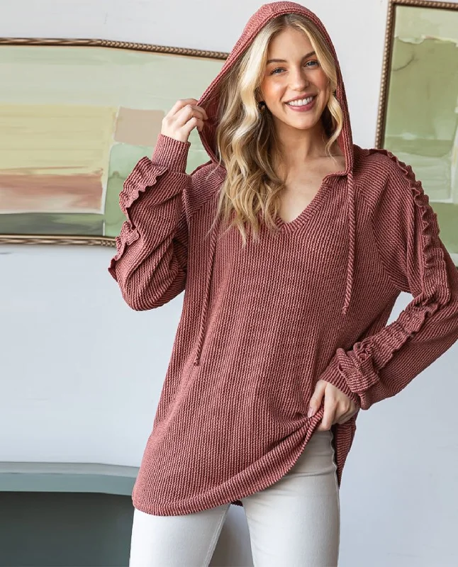 Clothes Of Woman Plus V-Neck Hoodie Urban Ribbed Top with Ruffle Sleeves