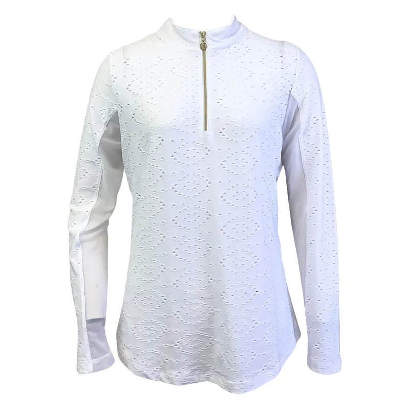 Chic Clothes For Women G Lifestyle Long Sleeve Solid Zip Mock Neck Top - White Eyelet