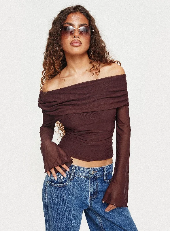 Versatile Women's Fashion Serenah Mesh Off The Shoulder Top Brown