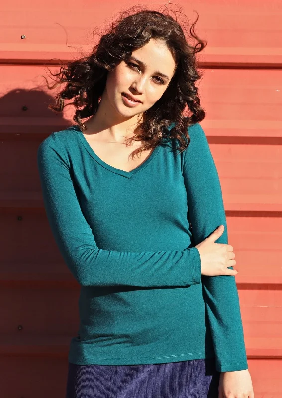 Clothes Woman Long Sleeve Stretch V-neck Top Teal