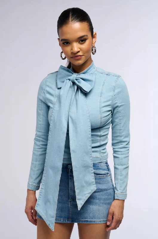 Trendy Online Boutiques BOW DOWN BISH DENIM LONG SLEEVE TOP