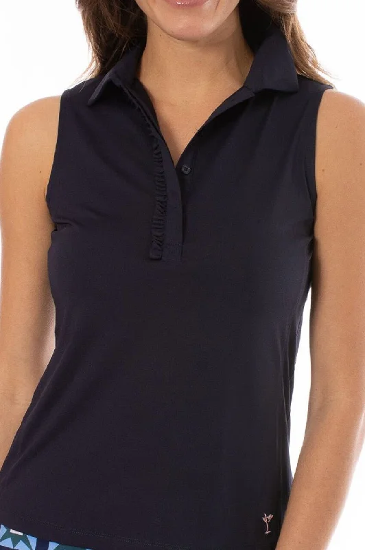 Women's Clothes Online Shopping Navy Sleeveless Ruffle Polo