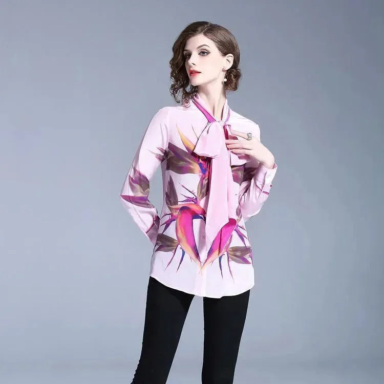 Sporty Streetwear Pink Bow Tie Women Blouse