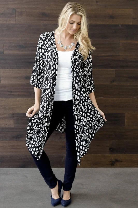 Charming Women's Outfit For Special Occasions Black White Printed Long Kimono