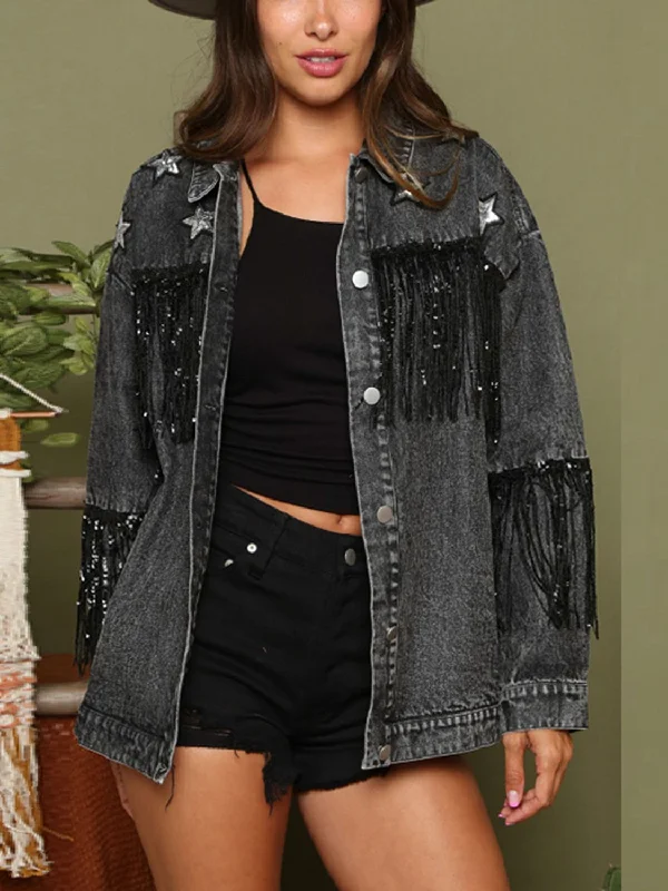 Women's Outfit Fringe Detail Long Sleeve Denim Jacket