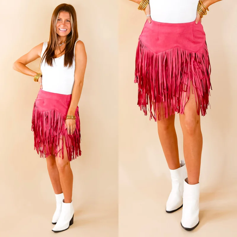 Unique Women's Fashion Pieces Pep Into Your Step Suede Fringe Skirt in Pink