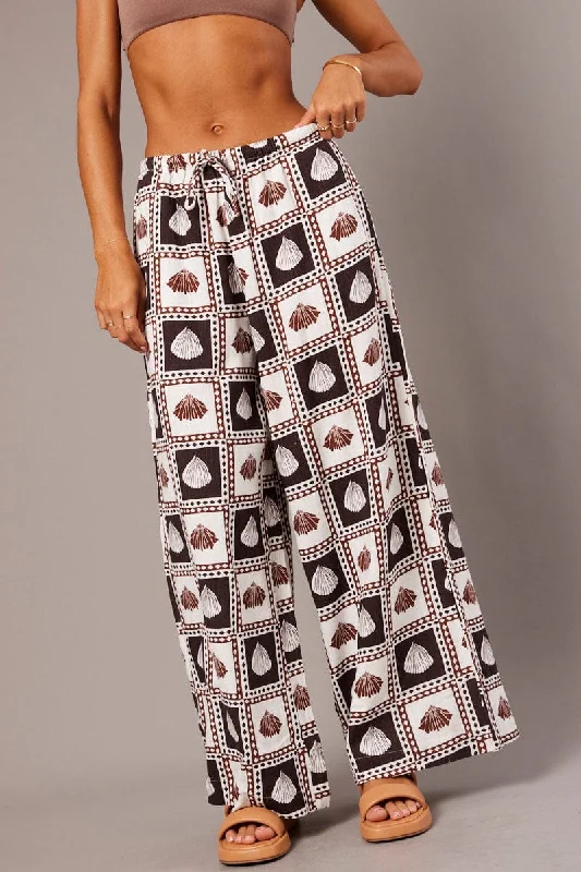 Women's Vintage Garments Brown Abstract Wide Leg Pants High Rise