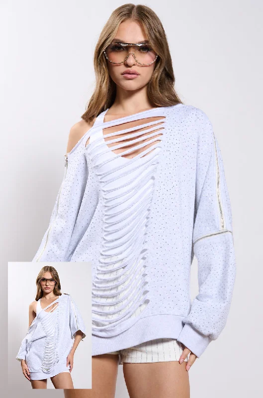 Women's Fashionable Attire For Work DISTRESSED OFF THE SHOULDER RHINESTONE EMBELLISHED SWEATSHIRT