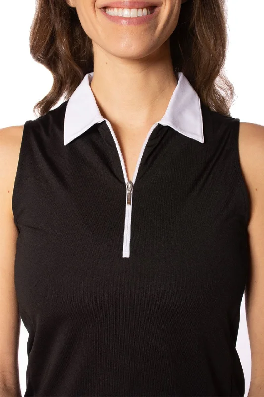 Women Clothing Black Sleeveless Zip Contrast Polo