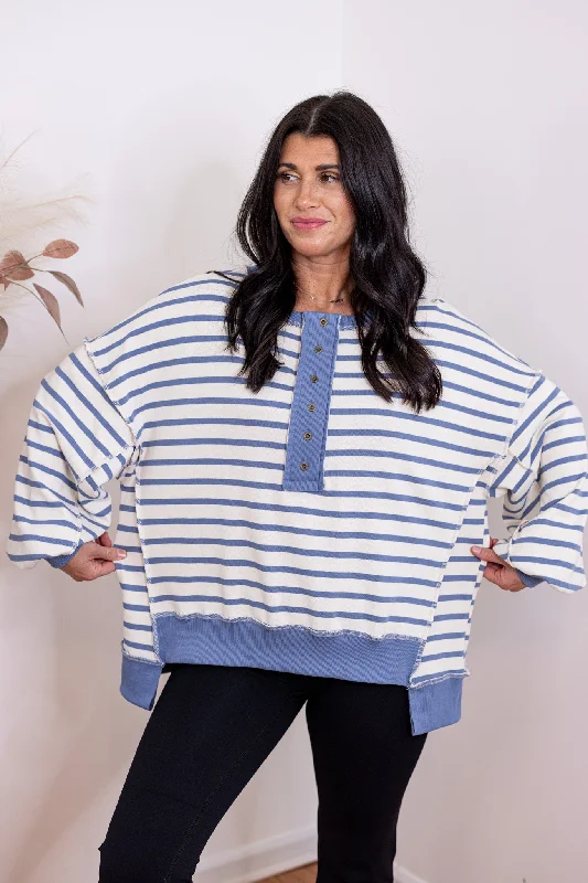 Women's High-Fashion Garments Modern Blue Striped Pullover