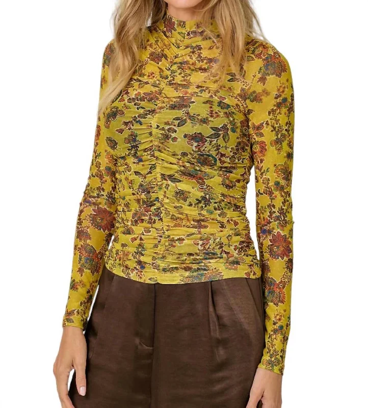 Modern Women's Apparel Flare Floral Mesh Top In Mustard