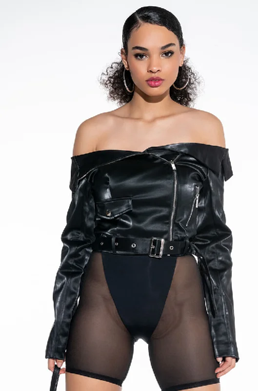 Women's Festive Attire OFF THE SHOULDER PLEATHER MOTO JACKET