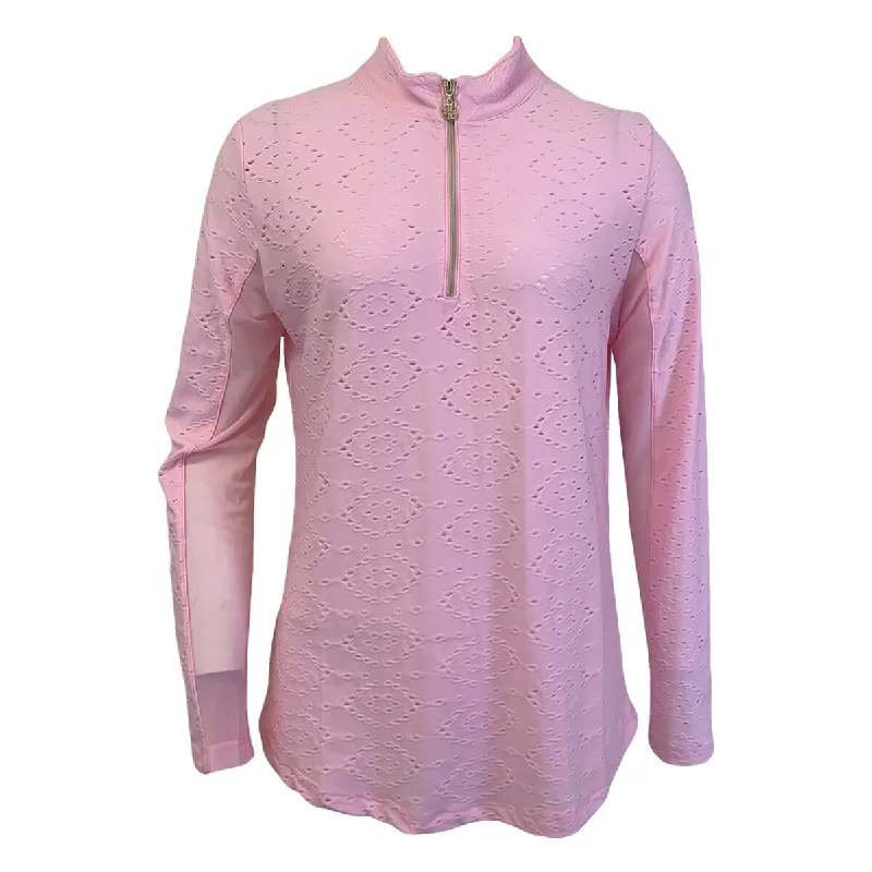 Casual Clothes For Women G Lifestyle Long Sleeve Solid Zip Mock Neck Top - Pink Eyelet