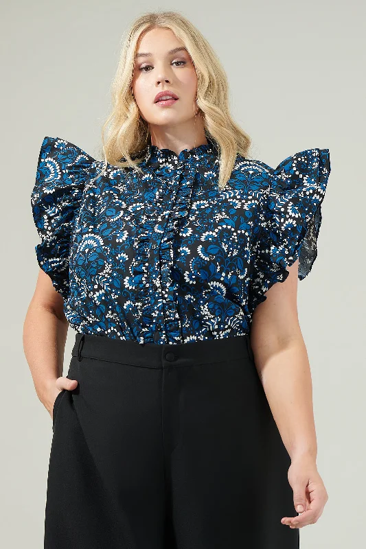 Clothes Sales Etta Floral Sleeveless Ruffle Top Curve