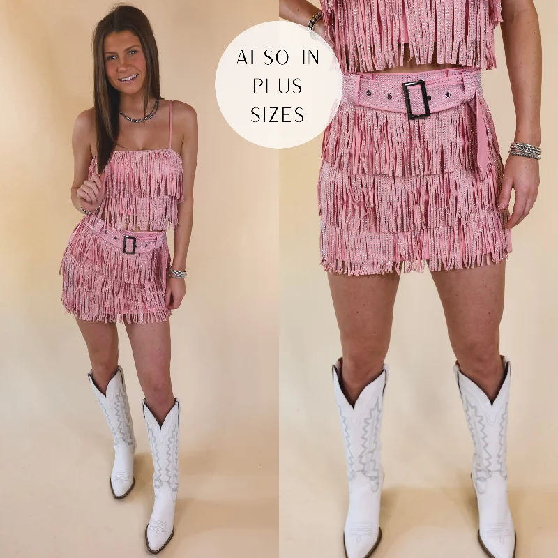 Chic Women's Clothing Online Cowboy Killer Crystal Fringe Mini Skirt in Light Pink