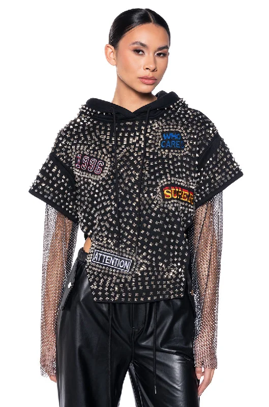 Women's Clothing And Garments Sets QUEEN OF HEARTBREAK STUDDED RHINESTONE SLEEVE SWEATSHIRT