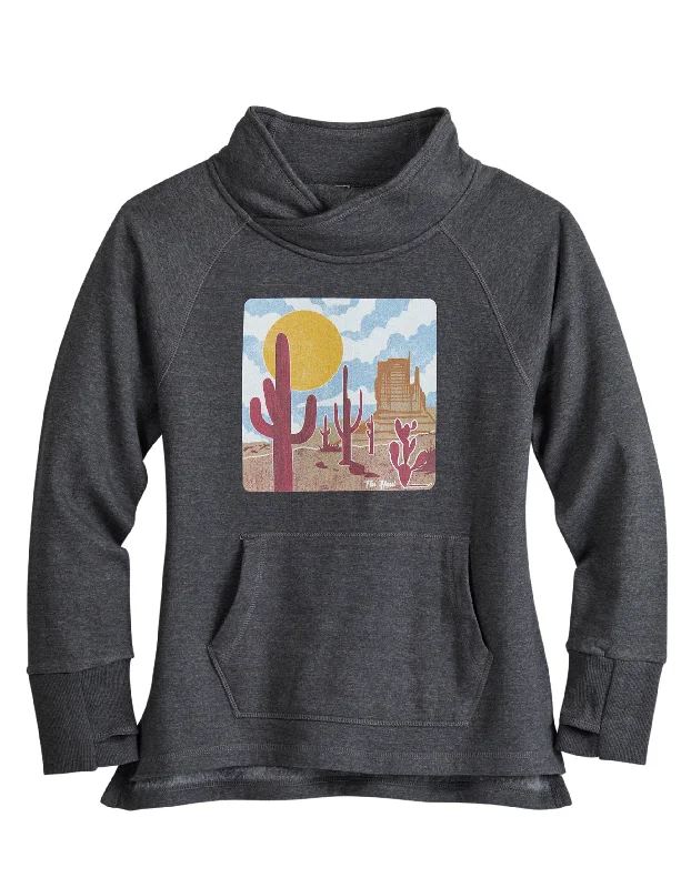 Women's Trendy Apparel WOMENS TIN HAUL PULLOVER HOODIE DESERT SCENERY SCREEN PRINT WITH FUNNEL NECK